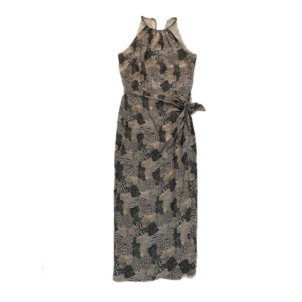 Vtg 100% Silk Spenser Jeremy Halter Maxi Dress Animal Print Faux Wrap Tie Sz 8